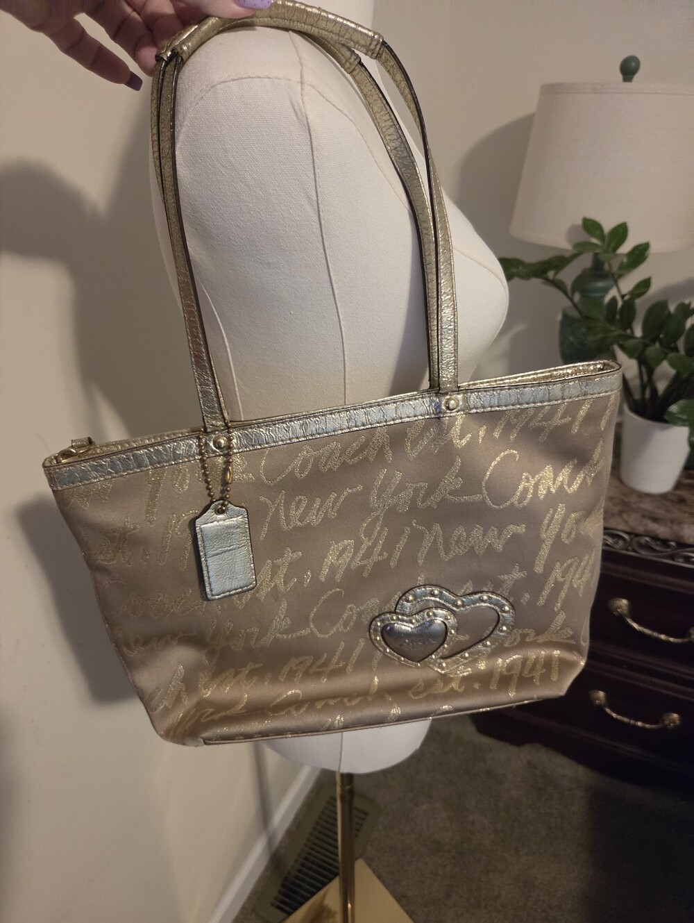Coach Metallic Script Tote Bag in Gold